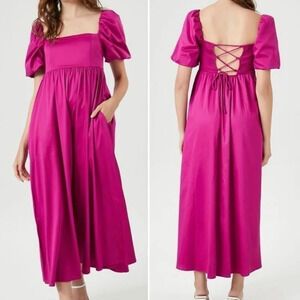 FOREVER 21 Women’s Maxi Dress Puff Sleeves Corset Empire Waist Fuchsia Size S